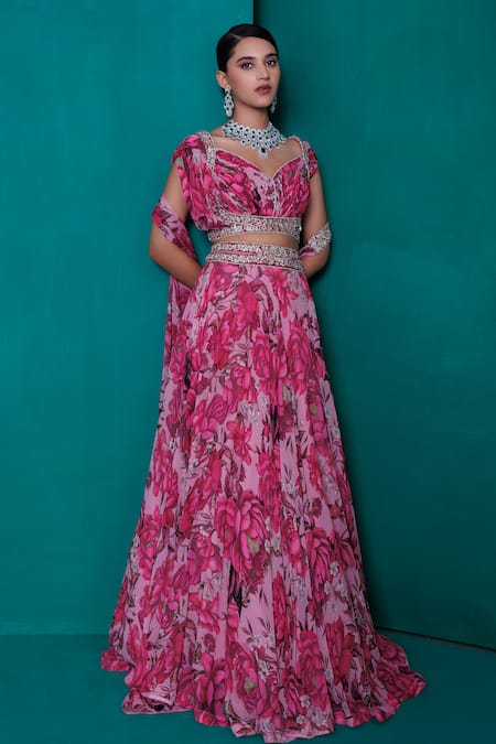 Adi By Aditya Khandelwl_Pink Georgette Sequins, Zari V-neck Floral Printed Lehenga Set_Online_at_Aza_Fashions