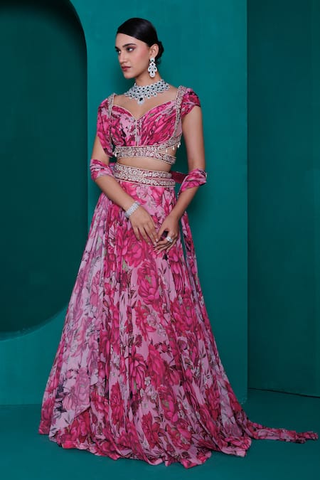 Buy_Adi By Aditya Khandelwl_Pink Georgette Sequins, Zari V-neck Floral Printed Lehenga Set_Online_at_Aza_Fashions