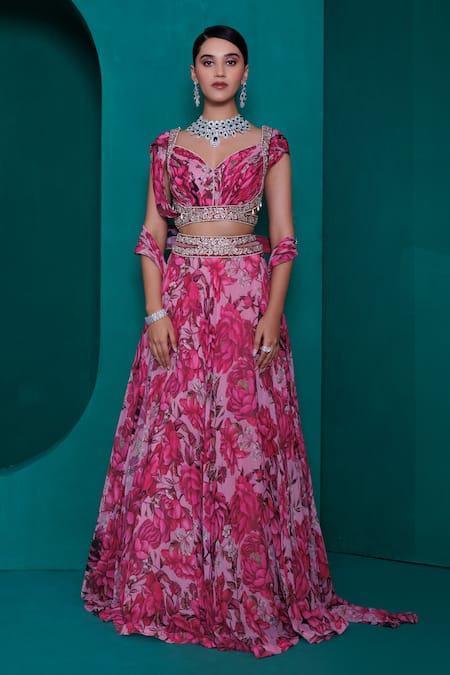 Shop_Adi By Aditya Khandelwl_Pink Georgette Sequins, Zari V-neck Floral Printed Lehenga Set_Online_at_Aza_Fashions