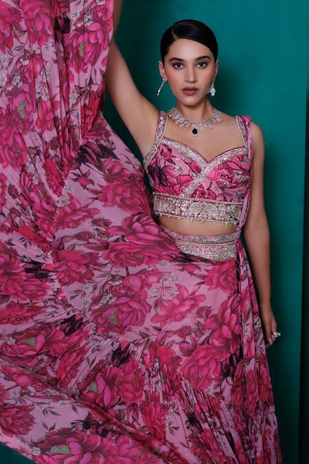 Adi By Aditya Khandelwl_Pink Georgette Sequins, Zari Sweetheart Embroidered Digital Print Lehenga Set_Online_at_Aza_Fashions