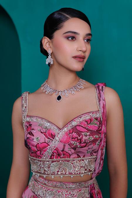 Buy_Adi By Aditya Khandelwl_Pink Georgette Sequins, Zari Sweetheart Embroidered Digital Print Lehenga Set_Online_at_Aza_Fashions