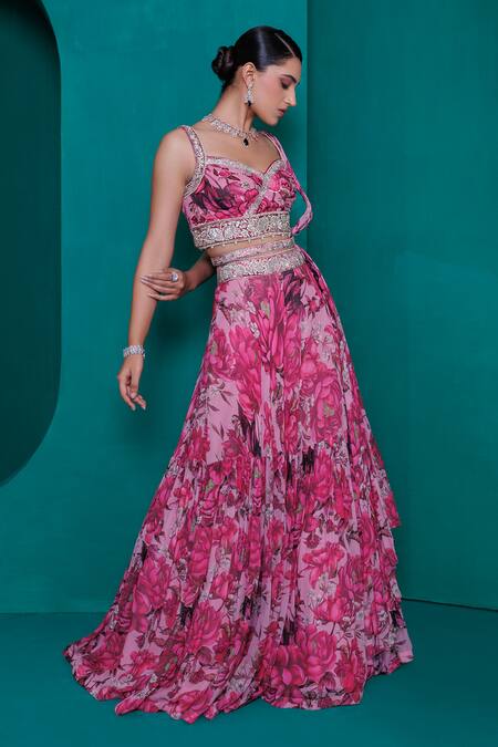 Shop_Adi By Aditya Khandelwl_Pink Georgette Sequins, Zari Sweetheart Embroidered Digital Print Lehenga Set_Online_at_Aza_Fashions