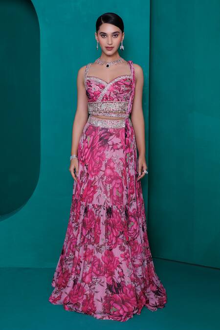 Adi By Aditya Khandelwl_Pink Georgette Sequins, Zari Sweetheart Embroidered Digital Print Lehenga Set_at_Aza_Fashions