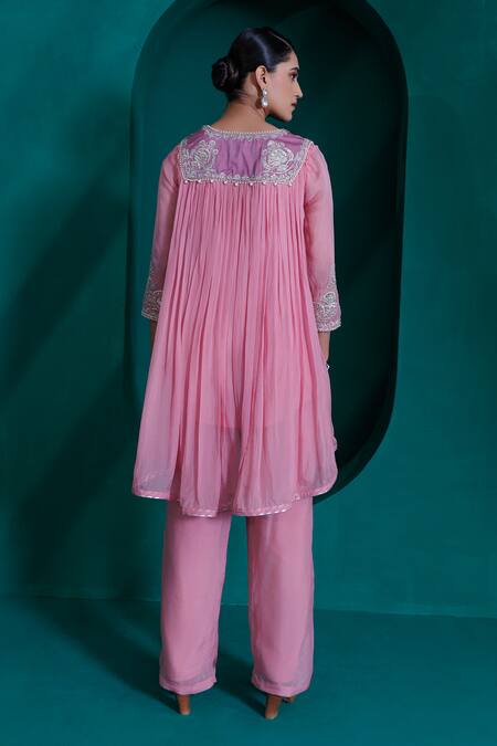 Shop_Adi By Aditya Khandelwl_Pink Modal, Georgette, Satin Sequins, Asymmetrical Embroidered Top And Pant Set _at_Aza_Fashions