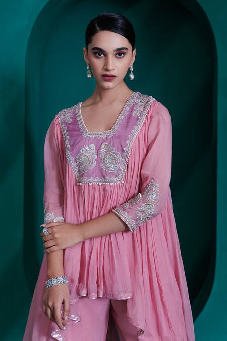 Adi By Aditya Khandelwl_Pink Modal, Georgette, Satin Sequins, Asymmetrical Embroidered Top And Pant Set _Online_at_Aza_Fashions