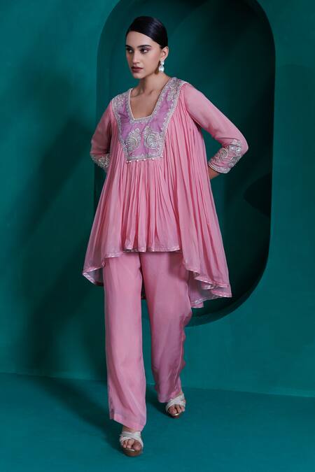 Buy_Adi By Aditya Khandelwl_Pink Modal, Georgette, Satin Sequins, Asymmetrical Embroidered Top And Pant Set _Online_at_Aza_Fashions