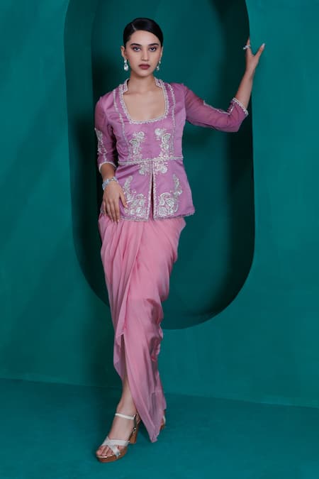 Adi By Aditya Khandelwl Purple Modal Satin Embroidered Zari Square Jacket And Skirt Set 