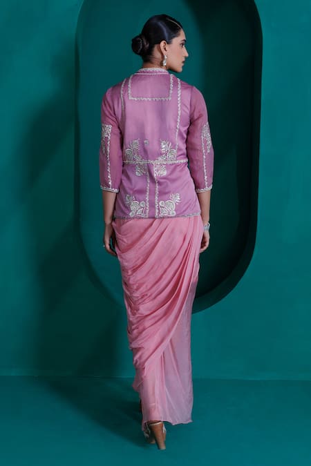 Shop_Adi By Aditya Khandelwl_Purple Modal, Satin, Georgette, Organza Zari, Sequins, Jacket And Drape Skirt Set _at_Aza_Fashions