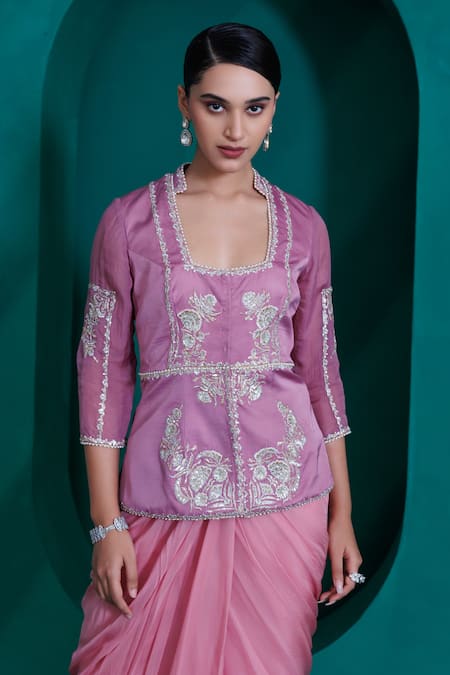 Buy_Adi By Aditya Khandelwl_Purple Modal, Satin, Georgette, Organza Zari, Sequins, Jacket And Drape Skirt Set _Online_at_Aza_Fashions