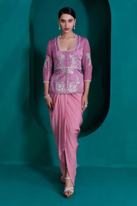 Shop_Adi By Aditya Khandelwl_Purple Modal, Satin, Georgette, Organza Zari, Sequins, Jacket And Drape Skirt Set _Online_at_Aza_Fashions