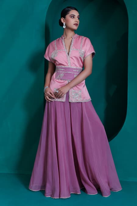 Adi By Aditya Khandelwl Pink Modal Satin Embroidered Zari V Neck Top And Palazzo Set 