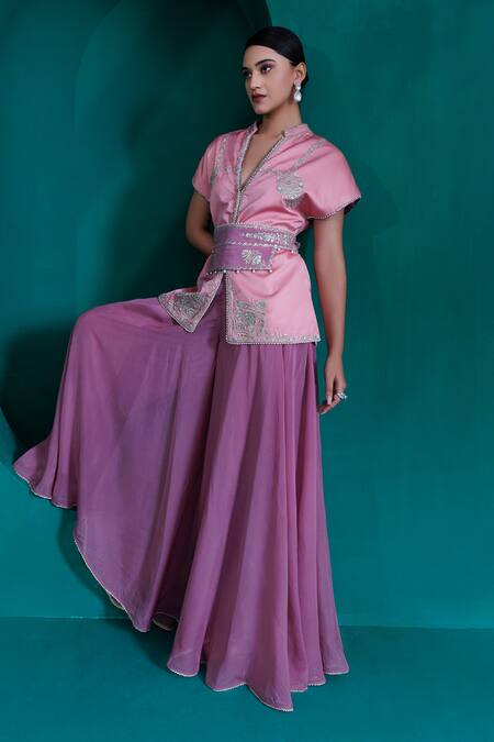 Adi By Aditya Khandelwl_Pink Modal, Satin, Georgette, Organza Sequins, Embroidered Top And Palazzo Set _Online_at_Aza_Fashions