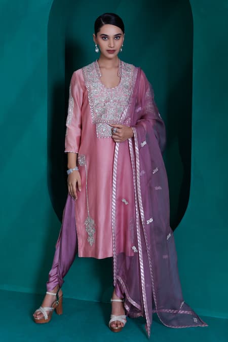 Adi By Aditya Khandelwl Pink Modal Satin Embroidered Zari U Neck Chanderi Tunic And Tulip Pant Set 