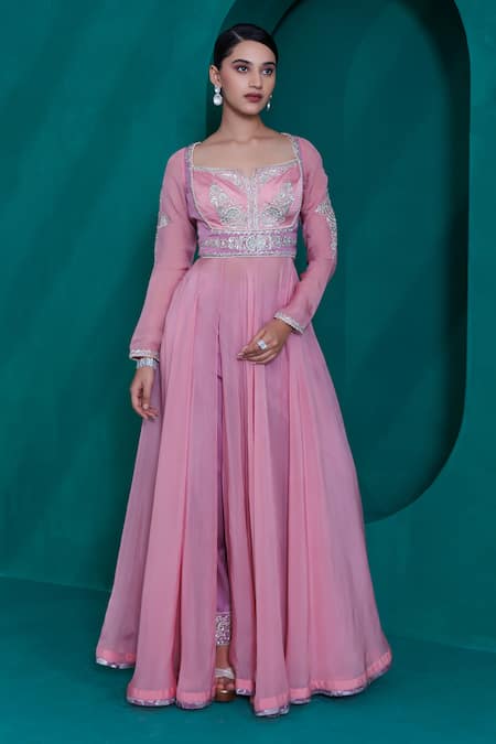 Adi By Aditya Khandelwl Pink Modal Satin Embroidered Zari Leaf Anarkali And Pant Set 