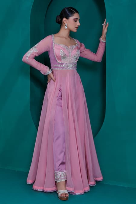 Adi By Aditya Khandelwl_Pink Modal, Georgette, Satin Sequins, Zari, Embroidery Anarkali And Pant Set _Online_at_Aza_Fashions