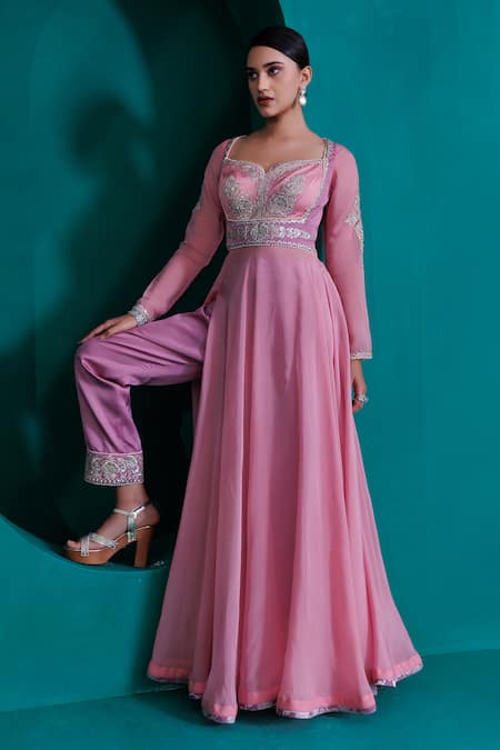 Buy_Adi By Aditya Khandelwl_Pink Modal, Georgette, Satin Sequins, Zari, Embroidery Anarkali And Pant Set _Online_at_Aza_Fashions