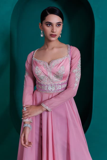 Shop_Adi By Aditya Khandelwl_Pink Modal, Georgette, Satin Sequins, Zari, Embroidery Anarkali And Pant Set _Online_at_Aza_Fashions