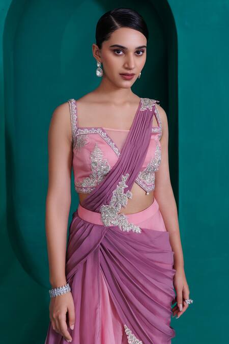 Adi By Aditya Khandelwl_Pink Modal, Georgette, Organza Sequins, Zari, Silver Blouse And Palazzo Set _Online_at_Aza_Fashions