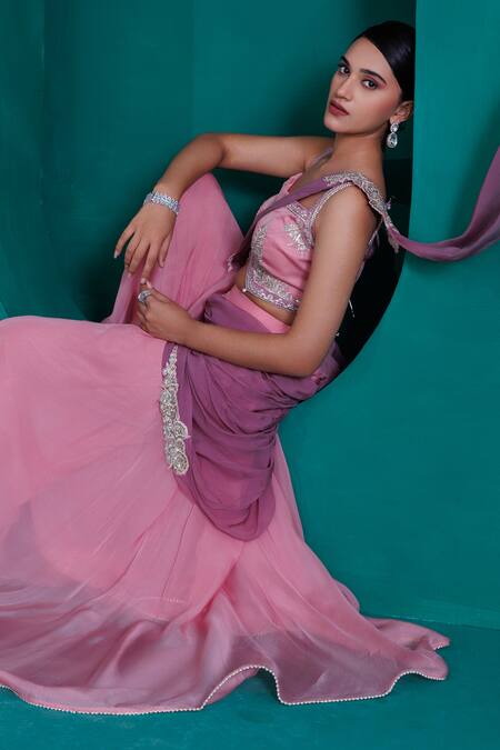 Buy_Adi By Aditya Khandelwl_Pink Modal, Georgette, Organza Sequins, Zari, Silver Blouse And Palazzo Set _Online_at_Aza_Fashions