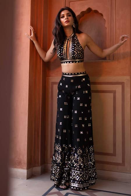 Buy Gopi Vaid Black Georgette Sequins, Mirrors, Embroidery Halter Ishana Blouse And Sharara Set Buy_Gopi Vaid_Black Georgette Sequins, Mirrors, Embroidery Halter Ishana Blouse And Sharara Set