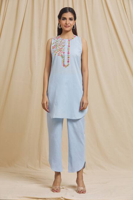 Buy Tarini Vij Blue Linen, Cotton Embroidery Round Neck Yoke Kurta And Pant Set Online at Aza Fashions Buy_Tarini Vij_Blue Linen, Cotton Embroidery Round Neck Yoke Kurta And Pant Set _Online_at_Aza_Fashions
