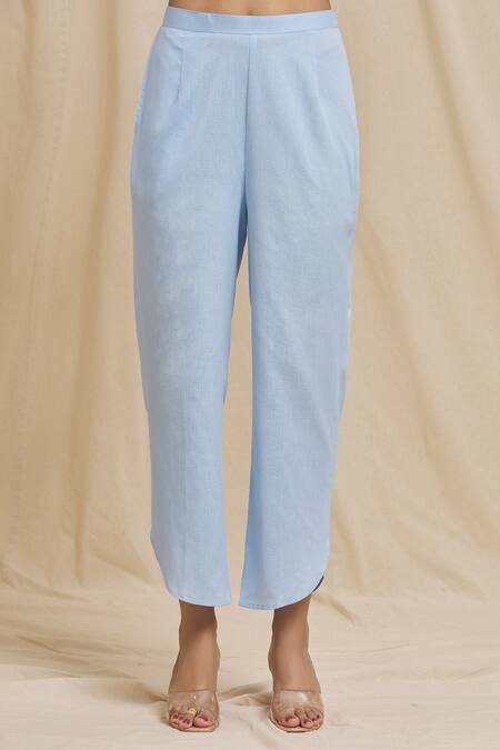 Tarini Vij Blue Linen, Cotton Embroidery Round Neck Yoke Kurta And Pant Set at Aza Fashions Tarini Vij_Blue Linen, Cotton Embroidery Round Neck Yoke Kurta And Pant Set _at_Aza_Fashions