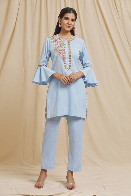 Tarini Vij Blue Linen, Cotton Embroidery Round Neck Yoke Bell Sleeve Kurta And Pant Set 
