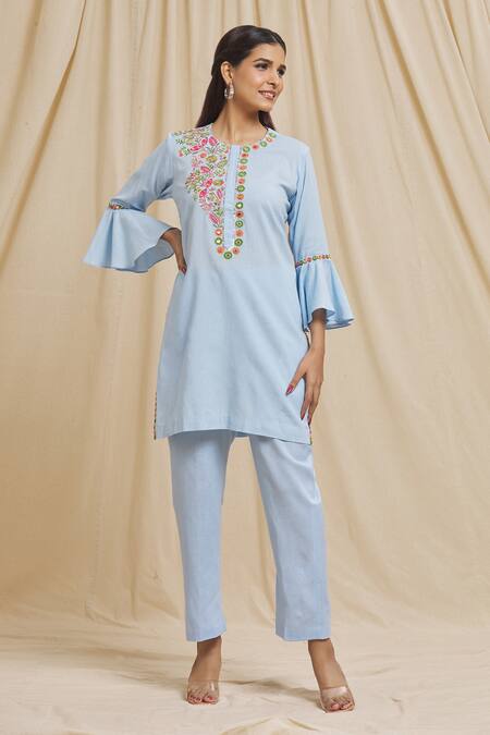 Buy Tarini Vij Blue Linen, Cotton Embroidery Round Neck Yoke Bell Sleeve Kurta And Pant Set Online at Aza Fashions Buy_Tarini Vij_Blue Linen, Cotton Embroidery Round Neck Yoke Bell Sleeve Kurta And Pant Set _Online_at_Aza_Fashions