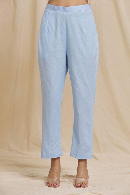 Shop Tarini Vij Blue Linen, Cotton Embroidery Round Neck Yoke Bell Sleeve Kurta And Pant Set Online at Aza Fashions Shop_Tarini Vij_Blue Linen, Cotton Embroidery Round Neck Yoke Bell Sleeve Kurta And Pant Set _Online_at_Aza_Fashions