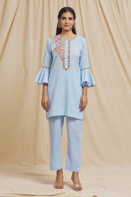 Tarini Vij Blue Linen, Cotton Embroidery Round Neck Yoke Bell Sleeve Kurta And Pant Set at Aza Fashions Tarini Vij_Blue Linen, Cotton Embroidery Round Neck Yoke Bell Sleeve Kurta And Pant Set _at_Aza_Fashions