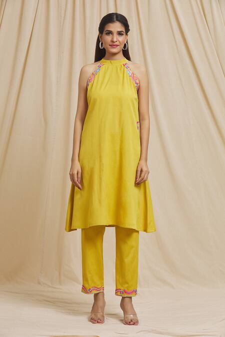 Buy_Tarini Vij_Yellow Linen, Cotton Embroidery Halter Neck Armhole Kurta And Pant Set _Online_at_Aza_Fashions