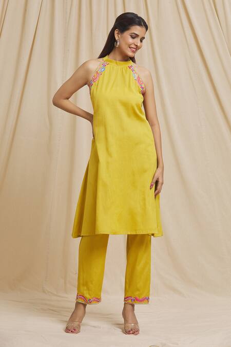 Shop_Tarini Vij_Yellow Linen, Cotton Embroidery Halter Neck Armhole Kurta And Pant Set _Online_at_Aza_Fashions