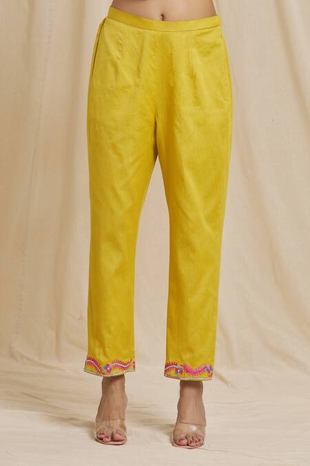Tarini Vij_Yellow Linen, Cotton Embroidery Halter Neck Armhole Kurta And Pant Set _at_Aza_Fashions