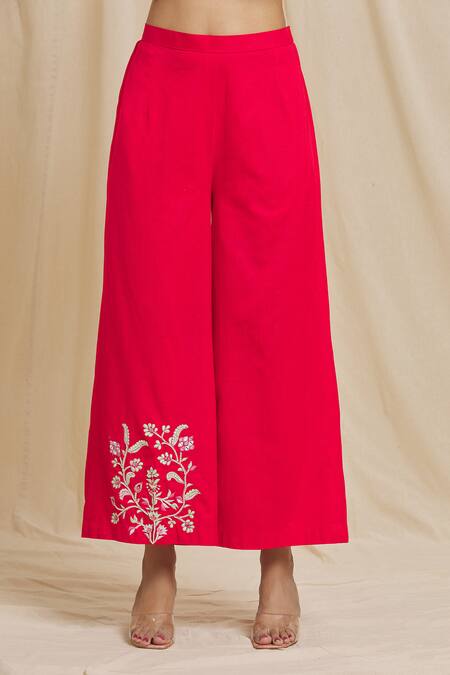 Tarini Vij_Red Linen, Cotton Embroidery One Shoulder Sleeve Hand Kurta And Pant Set _at_Aza_Fashions