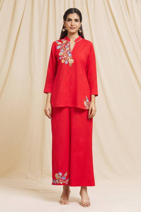 Buy_Tarini Vij_Red Linen, Cotton Embroidery, Mirrors Bandeau Neck Half Yoke Kurta And Pant Set _Online_at_Aza_Fashions