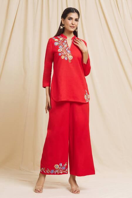 Shop_Tarini Vij_Red Linen, Cotton Embroidery, Mirrors Bandeau Neck Half Yoke Kurta And Pant Set _Online_at_Aza_Fashions