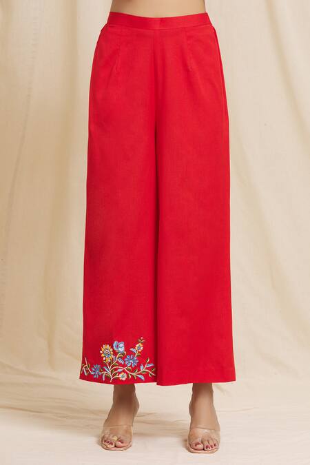 Tarini Vij_Red Linen, Cotton Embroidery, Mirrors Bandeau Neck Half Yoke Kurta And Pant Set _at_Aza_Fashions