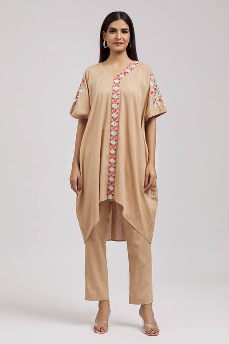 Buy Tarini Vij Beige Linen, Cotton Mirrors, Embroidery V-neck Hand Kurta And Pant Set Online at Aza Fashions Buy_Tarini Vij_Beige Linen, Cotton Mirrors, Embroidery V-neck Hand Kurta And Pant Set _Online_at_Aza_Fashions