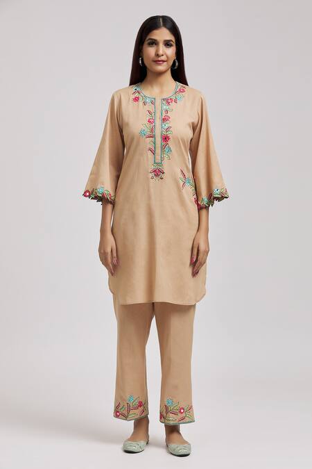 Buy_Tarini Vij_Beige Linen, Cotton Embroidery, Mirrors Round Neck Bloom Kurta With Pant _Online_at_Aza_Fashions