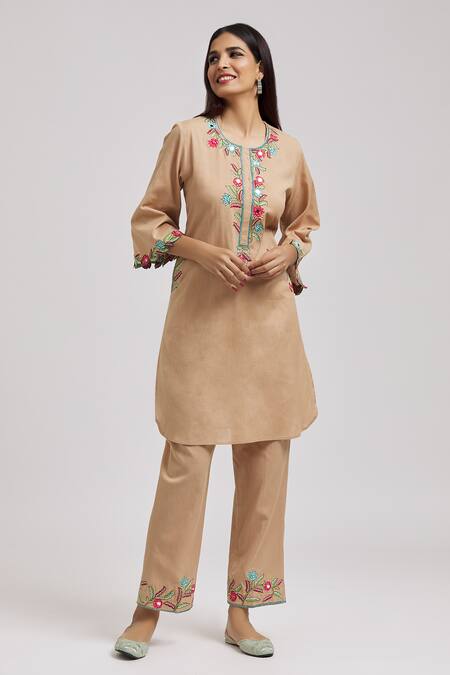 Shop_Tarini Vij_Beige Linen, Cotton Embroidery, Mirrors Round Neck Bloom Kurta With Pant _Online_at_Aza_Fashions
