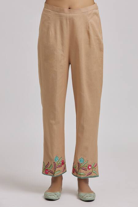 Tarini Vij_Beige Linen, Cotton Embroidery, Mirrors Round Neck Bloom Kurta With Pant _at_Aza_Fashions