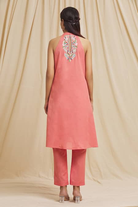 Tarini Vij Pink Linen, Cotton Mirrors, Embroidery Halter Neck Blossom Kurta Set Online at Aza Fashions Tarini Vij_Pink Linen, Cotton Mirrors, Embroidery Halter Neck Blossom Kurta Set _Online_at_Aza_Fashions