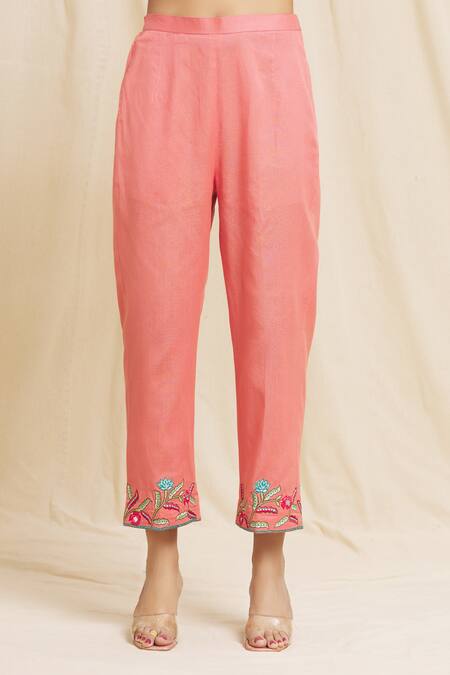 Tarini Vij Pink Linen, Cotton Mirrors, Embroidery Round Neck Petunia Kurta With Pant at Aza Fashions Tarini Vij_Pink Linen, Cotton Mirrors, Embroidery Round Neck Petunia Kurta With Pant _at_Aza_Fashions