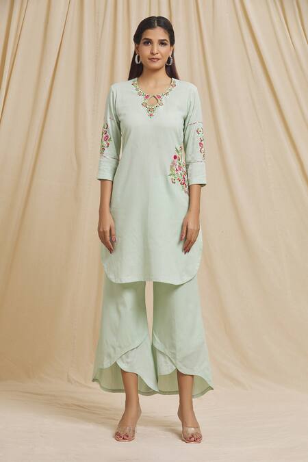 Buy Tarini Vij Green Linen, Cotton Embroidery Keyhole Neck Rosa Garden Kurta With Pant Online at Aza Fashions Buy_Tarini Vij_Green Linen, Cotton Embroidery Keyhole Neck Rosa Garden Kurta With Pant _Online_at_Aza_Fashions