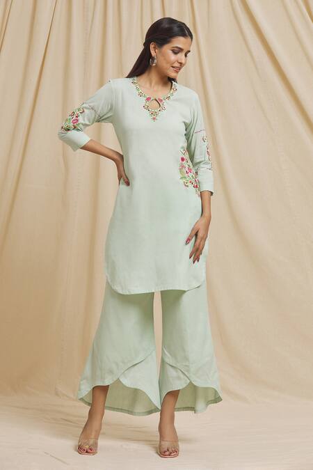 Shop Tarini Vij Green Linen, Cotton Embroidery Keyhole Neck Rosa Garden Kurta With Pant Online at Aza Fashions Shop_Tarini Vij_Green Linen, Cotton Embroidery Keyhole Neck Rosa Garden Kurta With Pant _Online_at_Aza_Fashions