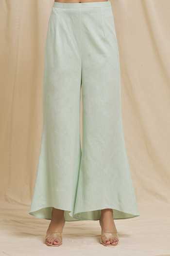 Tarini Vij_Green Linen, Cotton Embroidery V-neck Dahlia Garden Kurta With Pant _at_Aza_Fashions