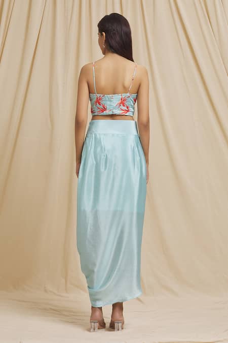 Shop_Tarini Vij_Blue Satin Beads Square Neck Tiger Lily Print Cape Draped Skirt Set _Online_at_Aza_Fashions