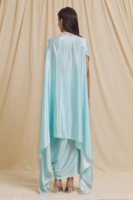 Tarini Vij_Blue Satin Beads Square Neck Tiger Lily Print Cape Draped Skirt Set _Online_at_Aza_Fashions