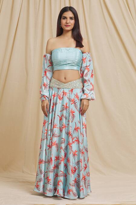 Buy Tarini Vij Blue Satin Sequins Off-shoulder Tiger Lily Print Skirt With Off Top Online at Aza Fashions Buy_Tarini Vij_Blue Satin Sequins Off-shoulder Tiger Lily Print Skirt With Off Top _Online_at_Aza_Fashions