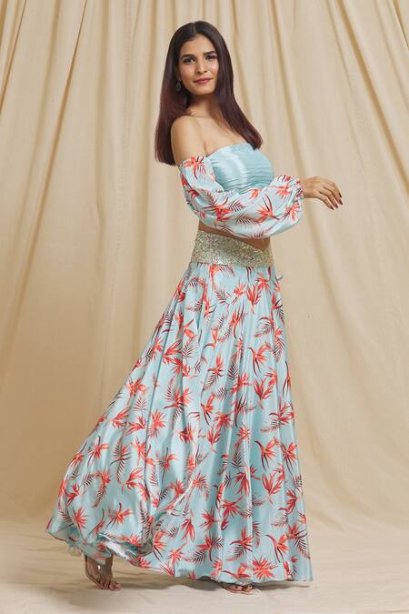Shop Tarini Vij Blue Satin Sequins Off-shoulder Tiger Lily Print Skirt With Off Top Online at Aza Fashions Shop_Tarini Vij_Blue Satin Sequins Off-shoulder Tiger Lily Print Skirt With Off Top _Online_at_Aza_Fashions